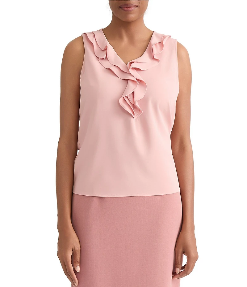 Kasper Ruffle Front V Neck Blouse