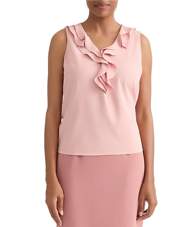 Kasper Ruffle Front V Neck Blouse