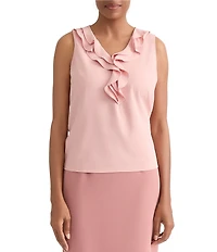 Kasper Ruffle Front V Neck Blouse