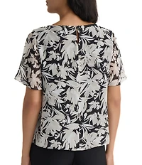 Kasper Ruffle Short Sleeve Printed Blouse