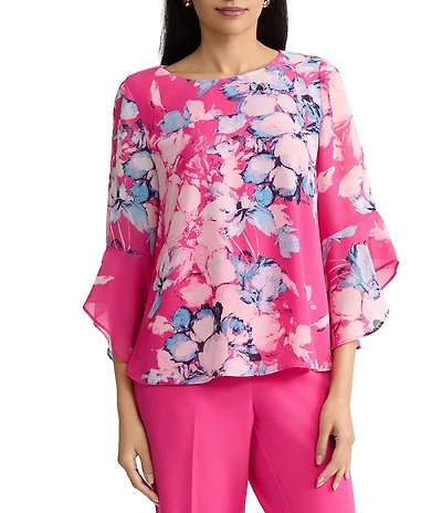 Kasper Ruffle Sleeve Printed Chiffon Blouse