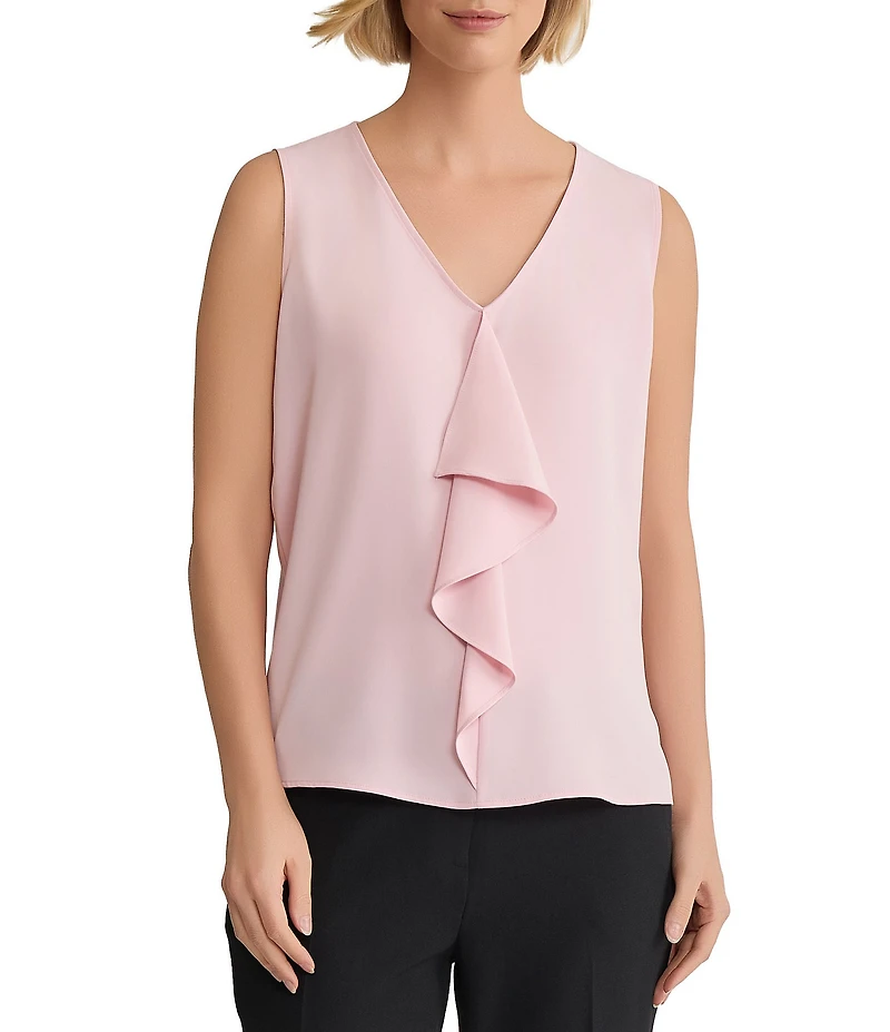 Kasper Ruffle V-Neck Cascade Sleeveless Blouse