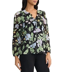 Kasper Ruffle V-Neck Floral Print Chiffon Long Sleeve Top
