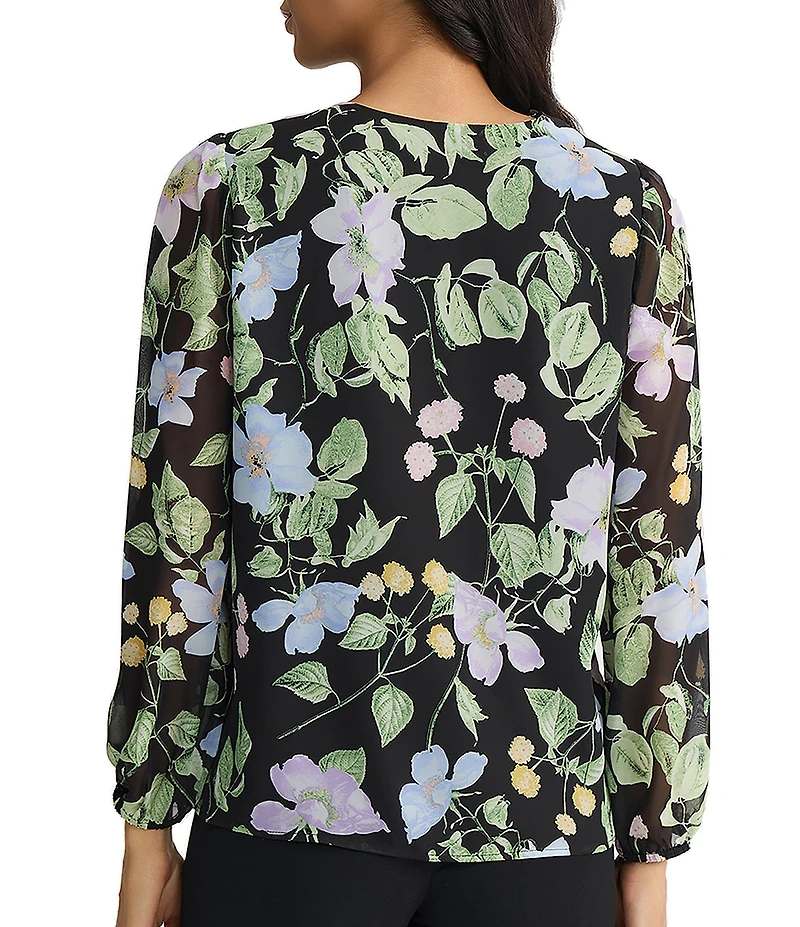 Kasper Ruffle V-Neck Floral Print Chiffon Long Sleeve Top