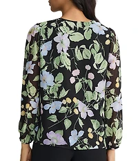 Kasper Ruffle V-Neck Floral Print Chiffon Long Sleeve Top