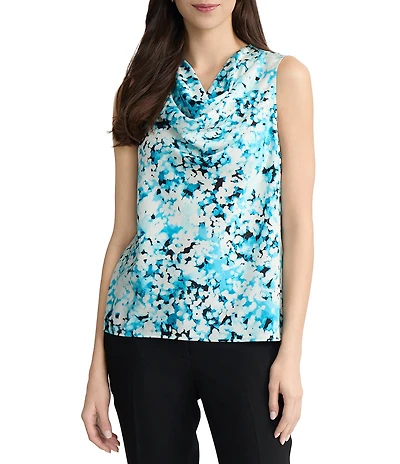 Kasper Satin Floral Print Cowl Neck Sleeveless Blouse