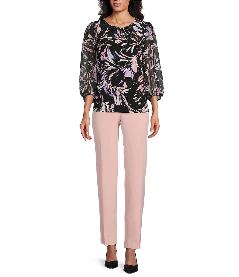 Kasper Shirred Round Neck 3/4 Sleeve Knit Top