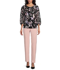 Kasper Shirred Round Neck 3/4 Sleeve Knit Top