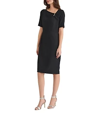 Kasper Short Sleeve Asymmetrical Neck With Beaded Embellishment