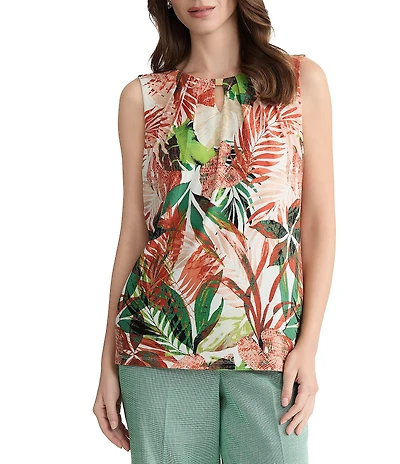 Kasper Sleeveless Pleated Neck Printed Tank Top