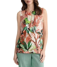 Kasper Sleeveless Pleated Neck Printed Tank Top