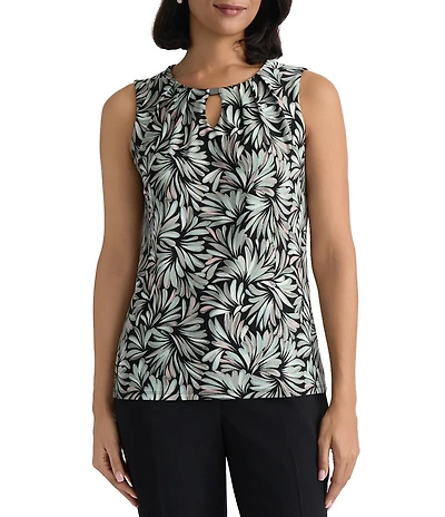 Kasper Sleeveless Printed Pleated Neck Blouse