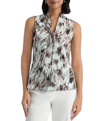 Kasper Sleeveless Printed Tie Neck Blouse