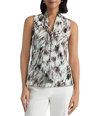Kasper Sleeveless Printed Tie Neck Blouse