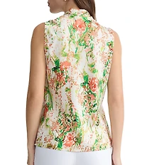 Kasper Sleeveless Printed Tie Neck Satin Blouse