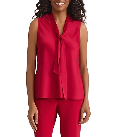 Kasper Sleeveless Satin Tie Neck Blouse