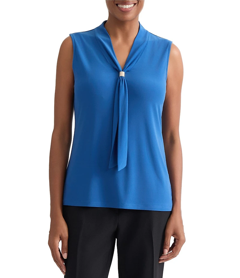 Kasper Solid Tie Neck Sleeveless Blouse