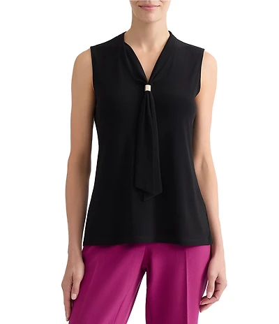 Kasper Solid Tie Neck Sleeveless Blouse