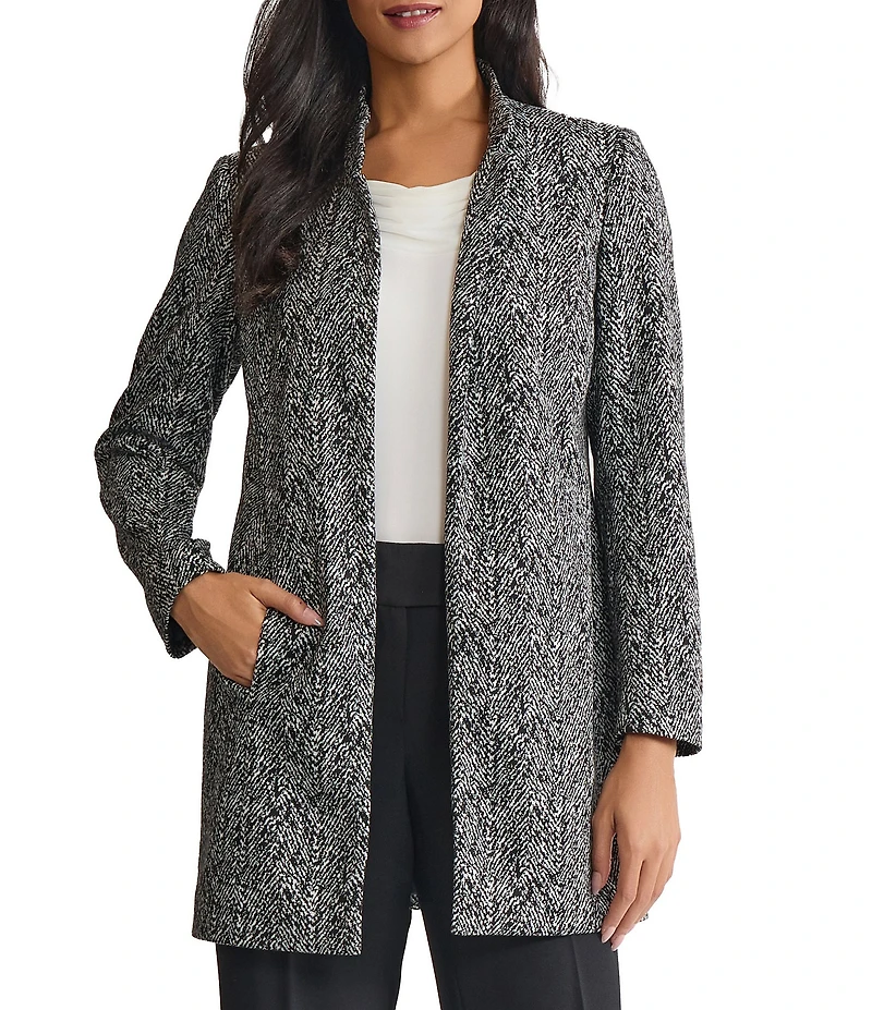 Kasper Stand Collar Long Sleeve Knit Jacquard Topper Jacket