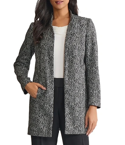 Kasper Stand Collar Long Sleeve Knit Jacquard Topper Jacket