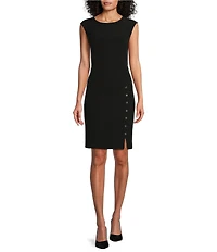 Kasper Stretch Crepe Crew Neckline Cap Sleeve Studded Sheath Dress