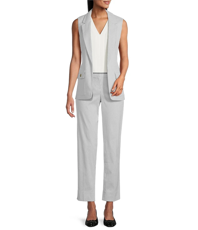 Kasper Stripe Notch Collar Open Front Vest