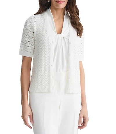 Kasper Textured Short Sleeve Button Front Cardigan