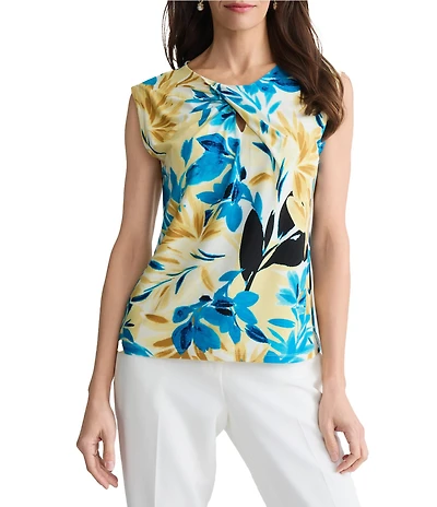 Kasper Twisted Neck Printed Jersey Knit Top