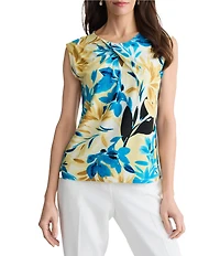 Kasper Twisted Neck Printed Jersey Knit Top