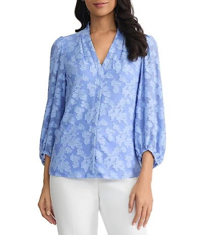 Kasper V-Neck Blouson Sleeve Floral Burnout Blouse