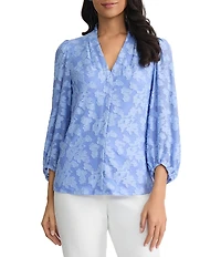 Kasper V-Neck Blouson Sleeve Floral Burnout Blouse