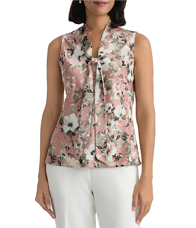 Kasper V Neck Tie Floral Print Blouse