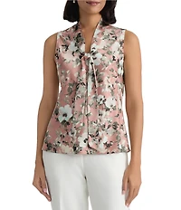 Kasper V Neck Tie Floral Print Blouse