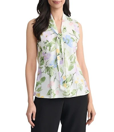 Kasper V-neck Tie Front Sleeveless Floral Print Satin Top