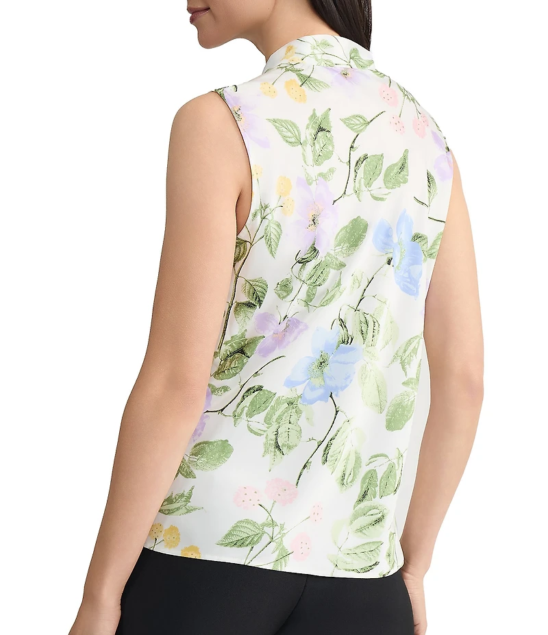 Kasper V-neck Tie Front Sleeveless Floral Print Satin Top