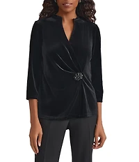 Kasper Velvet Mock Split V-Neckline 3/4 Sleeve Wrap With Embellishment Blouse