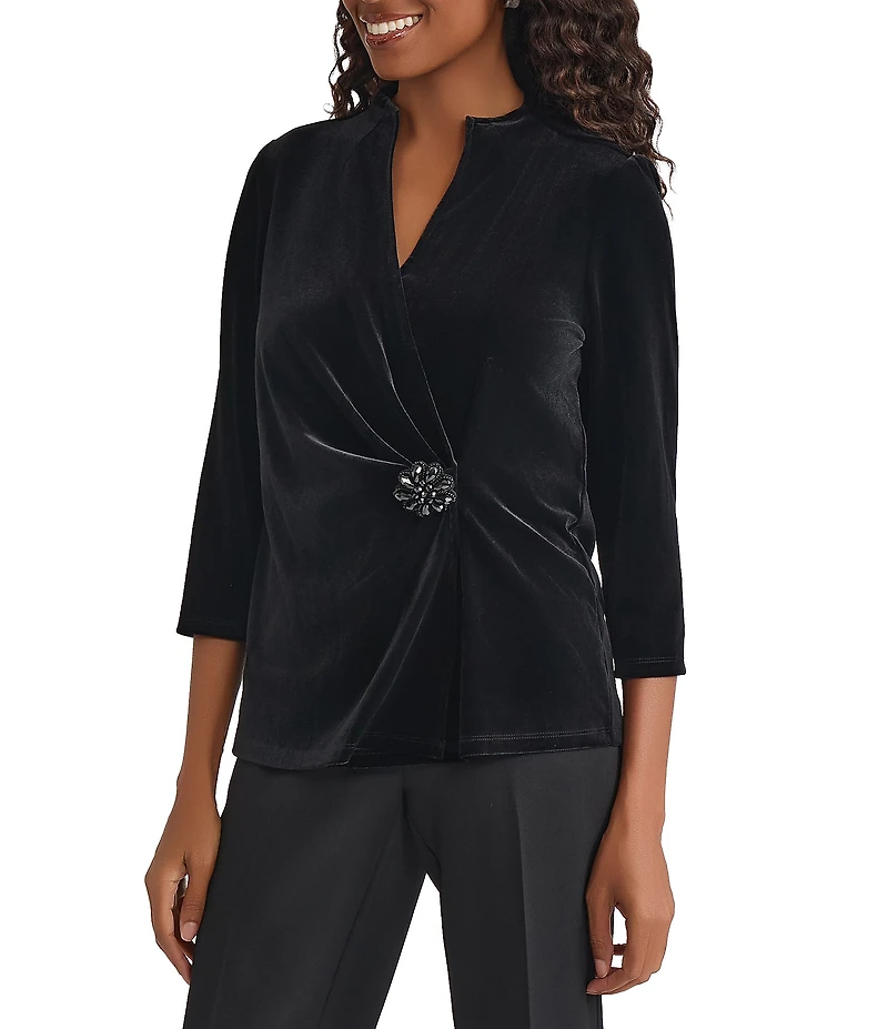 Kasper Velvet Mock Split V-Neckline 3/4 Sleeve Wrap With Embellishment Blouse