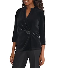Kasper Velvet Mock Split V-Neckline 3/4 Sleeve Wrap With Embellishment Blouse