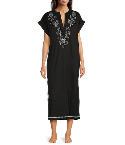Kate Landry by Landry Embroidered Trim Short Sleeve Split V-Neck Woven Caftan