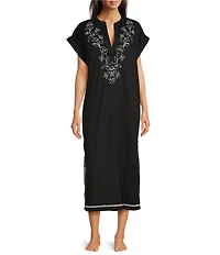 Kate Landry by Landry Embroidered Trim Short Sleeve Split V-Neck Woven Caftan