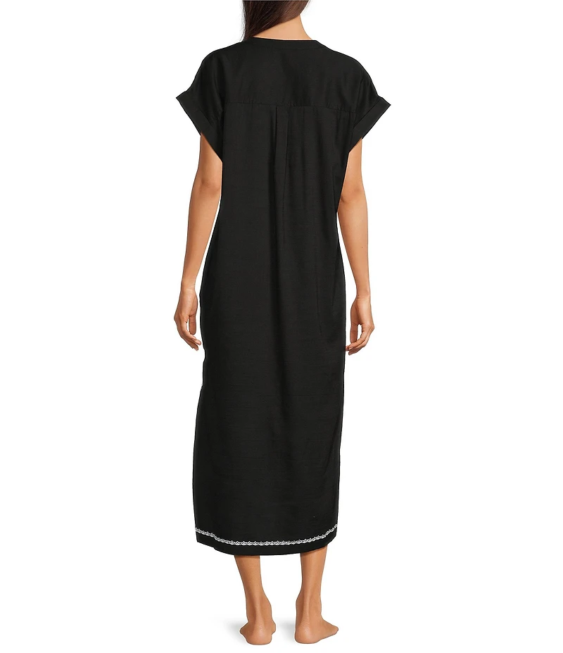 Kate Landry by Landry Embroidered Trim Short Sleeve Split V-Neck Woven Caftan