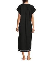 Kate Landry by Landry Embroidered Trim Short Sleeve Split V-Neck Woven Caftan