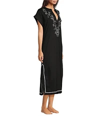 Kate Landry by Landry Embroidered Trim Short Sleeve Split V-Neck Woven Caftan