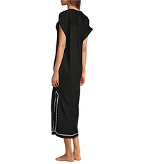 Kate Landry by Landry Embroidered Trim Short Sleeve Split V-Neck Woven Caftan
