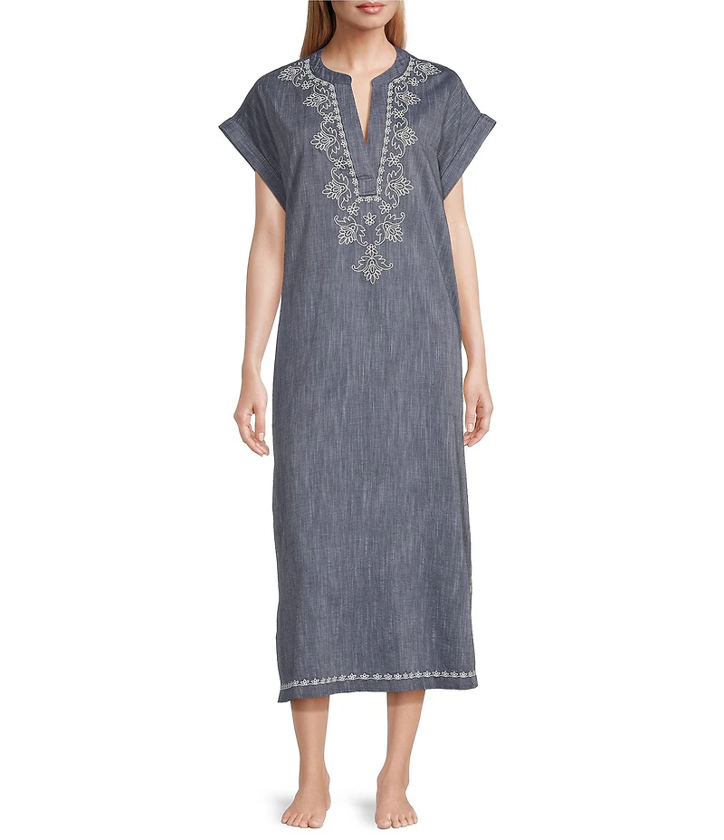 Kate Landry by Landry Embroidered Trim Short Sleeve Split V-Neck Woven Chambray Caftan