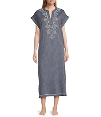 Kate Landry by Landry Embroidered Trim Short Sleeve Split V-Neck Woven Chambray Caftan