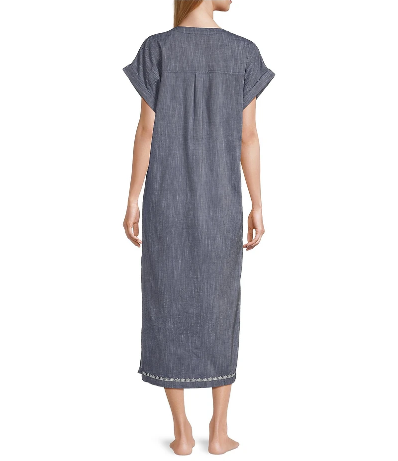 Kate Landry by Landry Embroidered Trim Short Sleeve Split V-Neck Woven Chambray Caftan