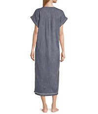 Kate Landry by Landry Embroidered Trim Short Sleeve Split V-Neck Woven Chambray Caftan