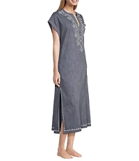Kate Landry by Landry Embroidered Trim Short Sleeve Split V-Neck Woven Chambray Caftan