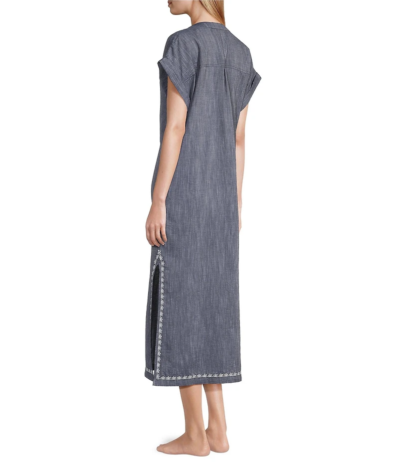 Kate Landry by Landry Embroidered Trim Short Sleeve Split V-Neck Woven Chambray Caftan